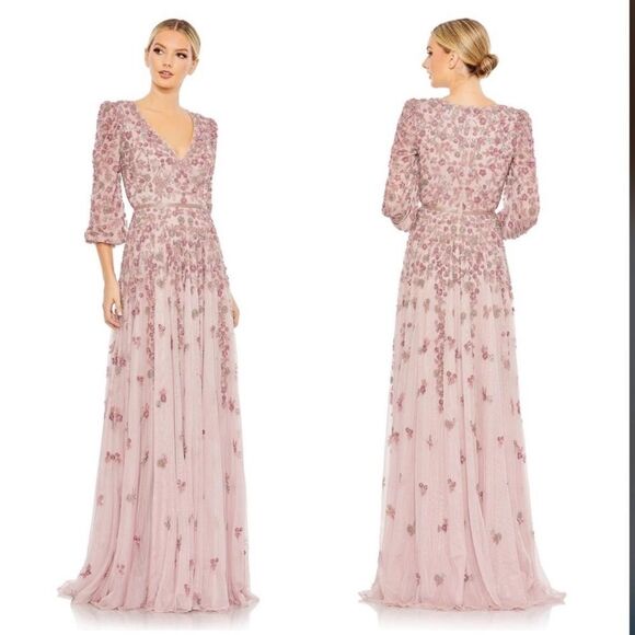 Mac Duggal 5497 Size 14, Floral Beadwork Rose Pink Mesh 3/4 Sleeve Formal Gown - Picture 1 of 13
